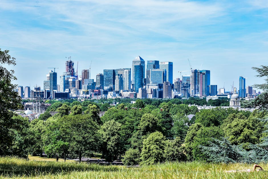 A wide view of a modern city skyline featuring numerous skyscrapers with reflective glass facades, some of which are under construction with visible cranes. The buildings vary in height and design, creating a dense urban landscape against a bright blue sky with scattered clouds. In the foreground, there is a lush green park with a variety of mature trees and well-maintained grass, providing a natural contrast to the high-rise structures behind. The scene is captured during daylight hours, with natural light illuminating both the greenery and the cityscape. The image reflects a typical urban area where private waste disposal or alternative rubbish removal methods might be employed, with the mix of natural and built environments emphasizing the importance of efficient rubbish clearance services such as those offered by rubbishclearancecanarywharf.com in facilitating sustainable city living.